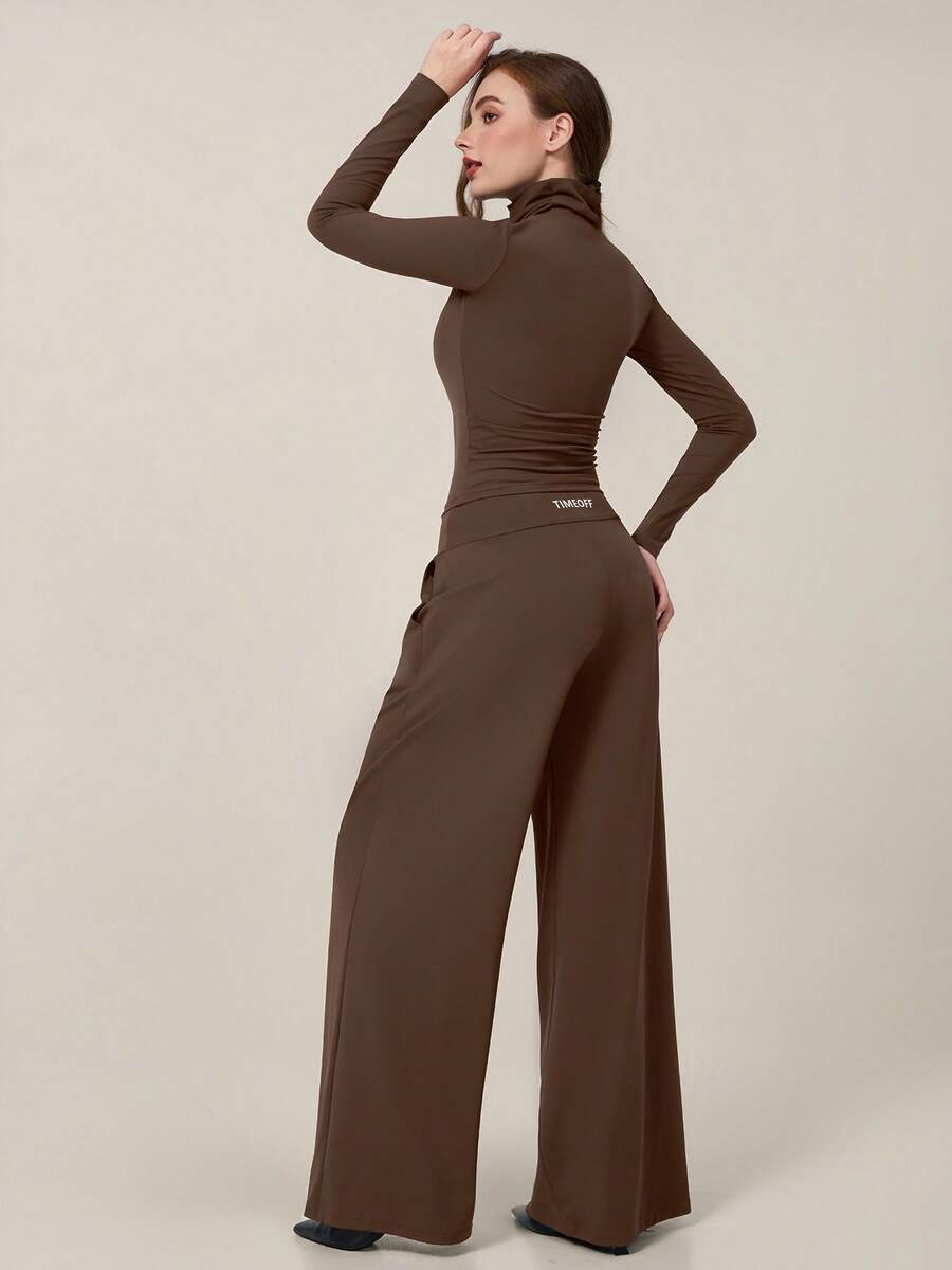 TimeOff Women's One Set Autumn/Winter Solid Color High Neck Long Sleeve Side Pocket Urban Relaxed Design Wide Leg Pants - Brown - View 1
