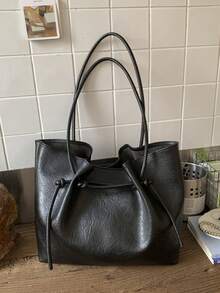 A Versatile Tote Bag With A Minimalist Commuting Style And A Relaxed Feel, Featuring A Large Capacity And Stylish Solid Color Texture. - Black - View 8