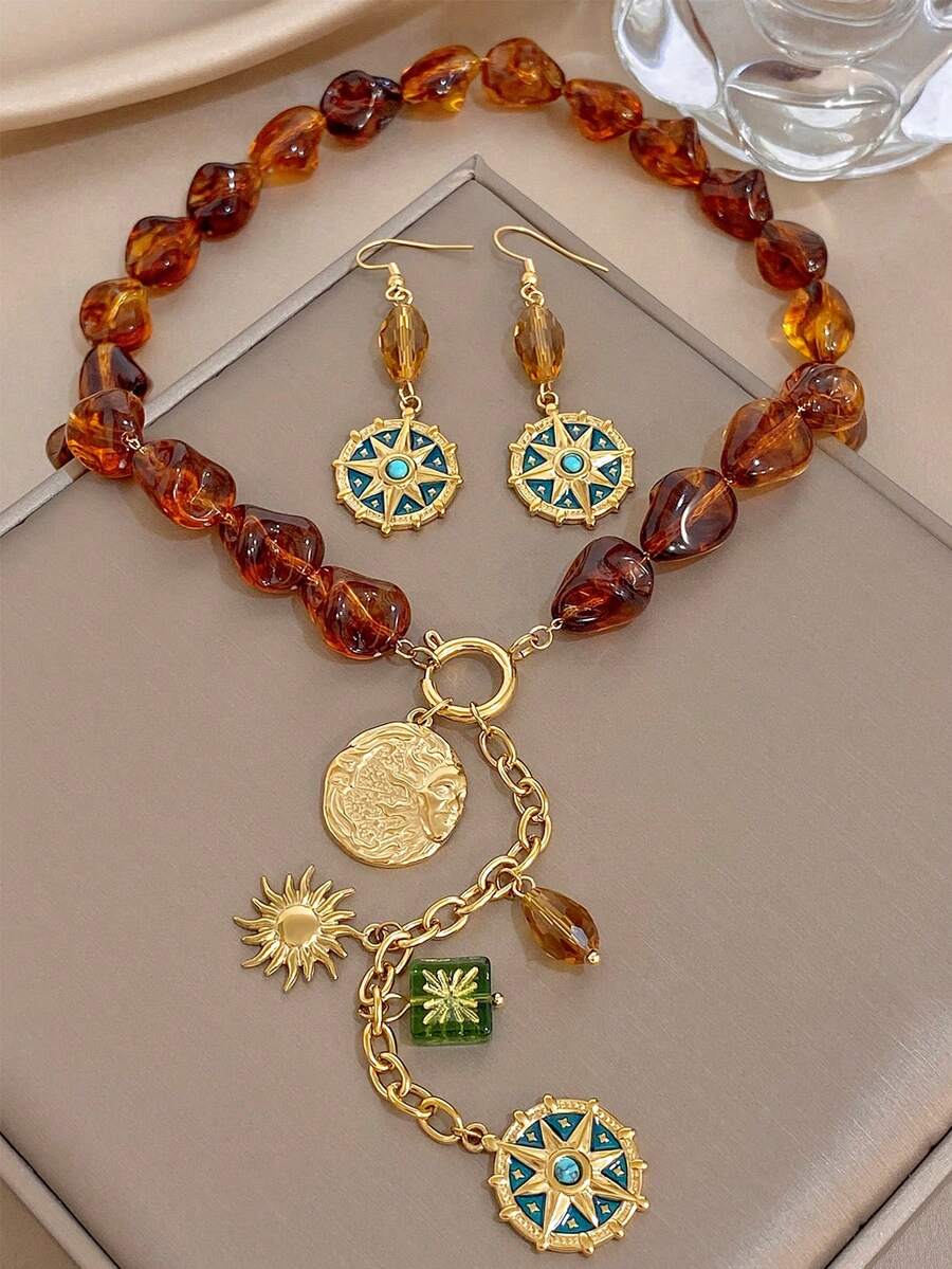 1Pc/Set Boho Irregular Amber Beaded Chain Necklace Compass Pendant Dangle Earrings Jewelry Set,For Women,Party,Daily,Birthday,Christmas/Halloween/Fall - Multicolor - View 1