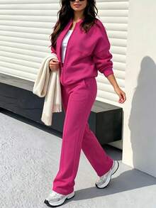 2pcs Casual Solid Color Sweatshirt Jacket Top And Straight Leg Pants Set, Soft Fleece Fabric, Suitable For Spring, Autumn And Winter Elegant - Rose Red 10# - View 4