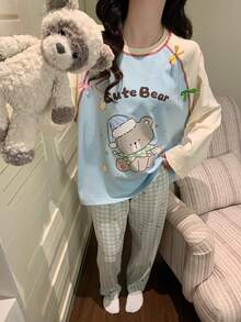2pcs Women's Pajama Loungewear Set, Cute Pattern Print Pullover Round Neck Simple Long Sleeve Long Pants, All Season Wear - Multicolor - View 1
