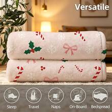 1pc Sweet Pink Christmas Bow Candy Cane Digital Print Flannel Blanket - Modern Style, Soft Polyester Knitted Fabric Comfortable For All Seasons, Multi-Purpose, Suitable For Sofa, Bed, Travel, Camping, Chair, Gift Blanket - Baby Pink - View 6