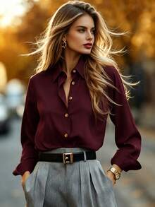 DONICY Women's Autumn/Winter Solid Color Shirt Collar Single-Breasted Cardigan, Fashionable Elegant Minimalist Commuter Versatile - Burgundy - View 2