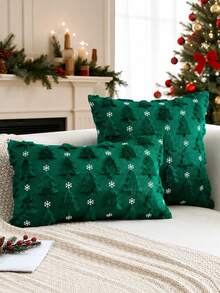 1pc/2pcs Christmas Tree Snowflake Throw Pillow Cover, Winter Embroidered Christmas Tree Decorative Pillowcase, Soft Plush Faux Fur Cushion Cover, Suitable For Christmas Sofa Home Decor - Green - View 4