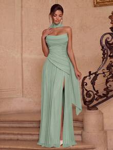 ADYCE Vestido de fiesta elegante con cuello halter, escote corazón, cintura alta, plisado, abertura alta, espalda descubierta y largo hasta el suelo, adecuado para baile de graduación, cumpleaños, Navidad, boda - verde menta - Ver 6
