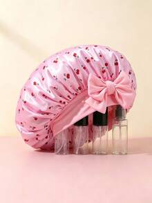 1pc Beige Cherry Floral Print Satin Shower Cap, Romantic Style Satin Fabric Round Shape With Bow Decor & Adjustable Tie‑Strap Detail, Hair Care Protection Function Satin Hair Bonnet, For Bedroom Bathroom Shower Daily Use All Season Holiday Gift - Multicolor - View 11