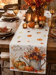 感恩節秋季廚房裝飾桌旗 Hello Autumn 復古澆水壺南瓜圖案 鄉村風感恩節餐桌裝飾 楓葉松果蠟燭印花桌布 餐廳廚房家居裝飾 - 彩色 - 查看 2
