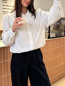 Women's Solid Color Button-Front Shirt, Lace Collar Embroidered Long Sleeve Blouse, Suitable For Business, Office, Home, Vacation, Holiday, Spring, Summer, Autumn, Winter - White - View 8