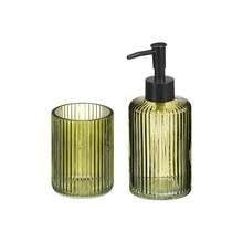 Glass Bathroom Accessory Set With Ribbed Design, Includes 350ml Soap Dispenser And Toothbrush Tumbler, Elegant 2-Piece Vanity Set - Green - View 13