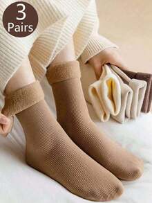 1/5/10 Pairs Women's Earth Tone Snow Socks, Mid-Calf Socks For Autumn/Winter, Fluffy And Warm, Wool Thickened, Suitable For Daily Wear And Various Occasions - Multicolor - View 2