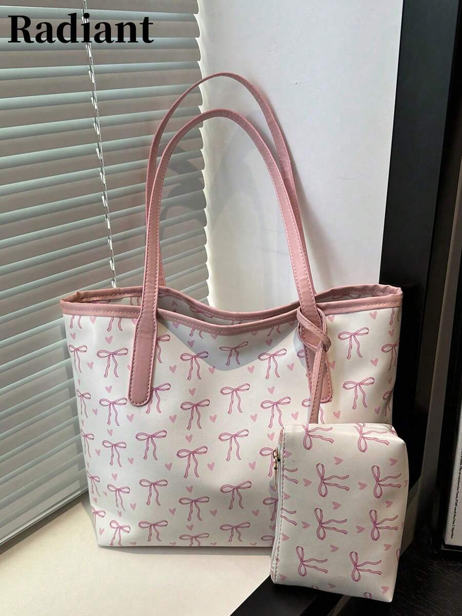 1pc Fashion Contrast Color Bow Print Shoulder Bag, Minimalist Lightweight, Multi-Pocket Design, Large Capacity, With Laptop Compartment - White - View 1