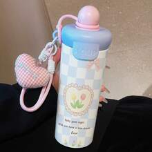 1PC 600ML Heart Tulip, Daisy In English, Minimalist Pattern Stainless Steel Cup, Double Drink Coffee Cup, Portable Straw Cup, Fashionable Lanyard , Suitable For Office, Home, Gift Recommendation, Coffee/Milk/Tea - Multicolor - View 7