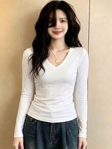 Women's Simple Solid Color V-Neck Slim Fit Long Sleeve T-Shirt, Autumn Versatile Slimming Elastic Base Layer Top - White - View 2