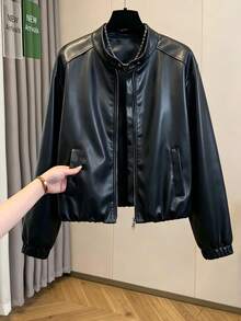 Women's New Autumn Vintage Leather Jacket, Fashionable Small Stand Collar, Commute Versatile, Faux PU Casual Coat, Daily Vacation, Comfortable And Stylish - Black - View 2