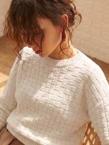 Knit Mix Elegant Women's Autumn/Winter French Fashion Commute Knit Solid Color Round Neck Long Sleeve Hollow Out Regular Loose Pullover Sweater - White - View 2