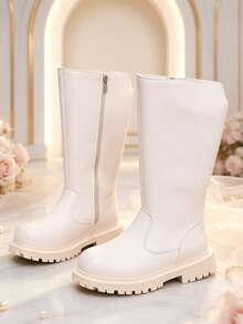 1 Pair Girls' Tall Chelsea Boots, Soft PU + Elastic Soft Sole With Inner Zipper Design, Minimalist Classic Princess Style High-Top Boots, Suitable For Daily Wear, School, Holidays, Autumn/Winter New - Apricot - View 3