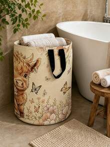 Cute Highland Cow Floral Print Laundry Hamper, Collapsible Large‑Capacity Storage Basket With Handles, Clothing Storage, Unisex, Daily Home & Dorm Essential - Multicolor - View 10
