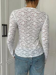 SCARLUX Women's Y2K Lace Top, Floral Lace, Fitted V-Neck Side Tie Ruffle Top, Suitable For Back To School, Streetwear, Daily Commute - White - View 11