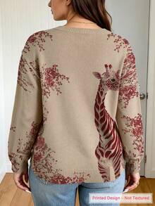 ASHKATIA Women's Plus-Size Top Fall Winter V-Neck Lightweight Sweater Giraffe Pattern Print Skin-Friendly Fabric Curve Plus - Multicolor - View 3