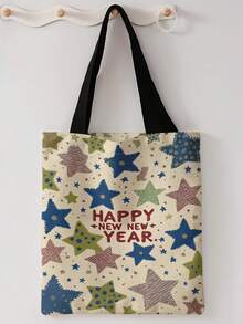 1pc Five‑Pointed Star Print Canvas Tote Bag, Large Capacity Hand‑Held Shoulder Bag,Reusable Shopping Bag For Music Festival Party Daily Packing Books - Multicolor - View 14