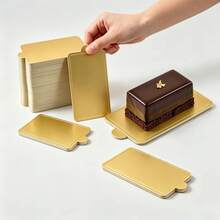 75/150pcs Rectangular Gold Mini Mousse Cake Paper Trays, Disposable Oil-Proof Cake Bases With Easy-Grip Handles, Durable Baking Cardboard, Suitable For Mousse Cakes, Weddings And Birthday Parties - Gold - View 2
