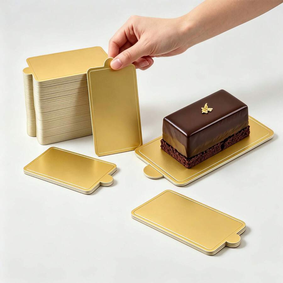 75/150pcs Rectangular Gold Mini Mousse Cake Paper Trays, Disposable Oil-Proof Cake Bases With Easy-Grip Handles, Durable Baking Cardboard, Suitable For Mousse Cakes, Weddings And Birthday Parties