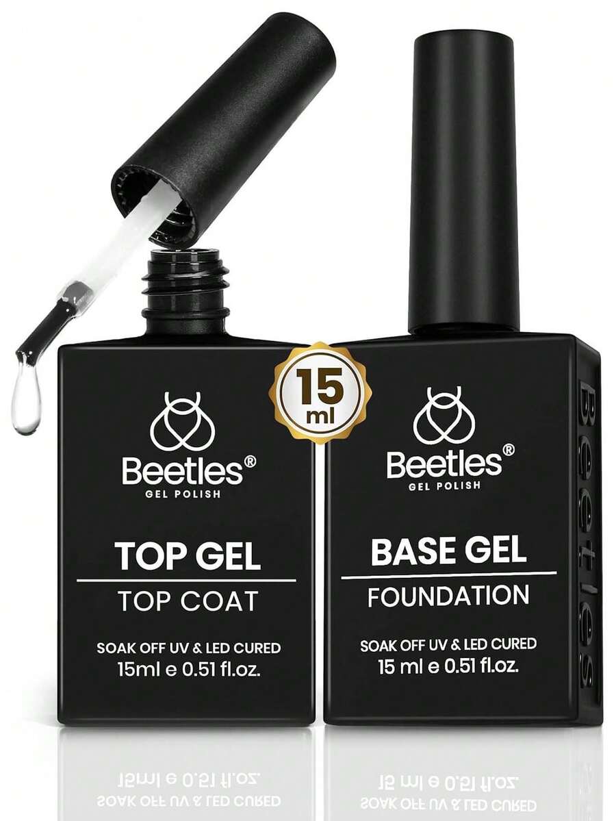 Beetles 2件組 15ML 凝膠底膠與免擦頂膠套組，高光澤透明飾面，可浸泡卸除 UV LED 凝膠指甲油，適用居家美甲與美甲藝術 - 2入 15ML 凝膠底膠與免洗封層套裝 - 查看 1