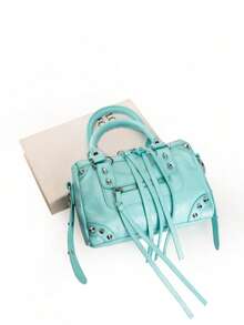 Women's Mini Biker Style Top Handle Bag, Punk Rivet & Tassel Decor Faux Leather Crossbody Purse, Y2K Streetwear Handbag - Baby Blue - View 7