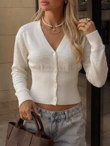 Women's Ribbed Knit Cropped Cardigan, Long Sleeve White Button Front Cardigan, Autumn Essential - Beige - View 3