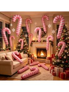 10pcs 32-Inch Pink Candy Cane Balloons Set, Suitable For Christmas, New Year, Anniversary, Birthday And Reunion Party Decoration, Christmas Theme Decoration Balloons - Pink Cane - View 7