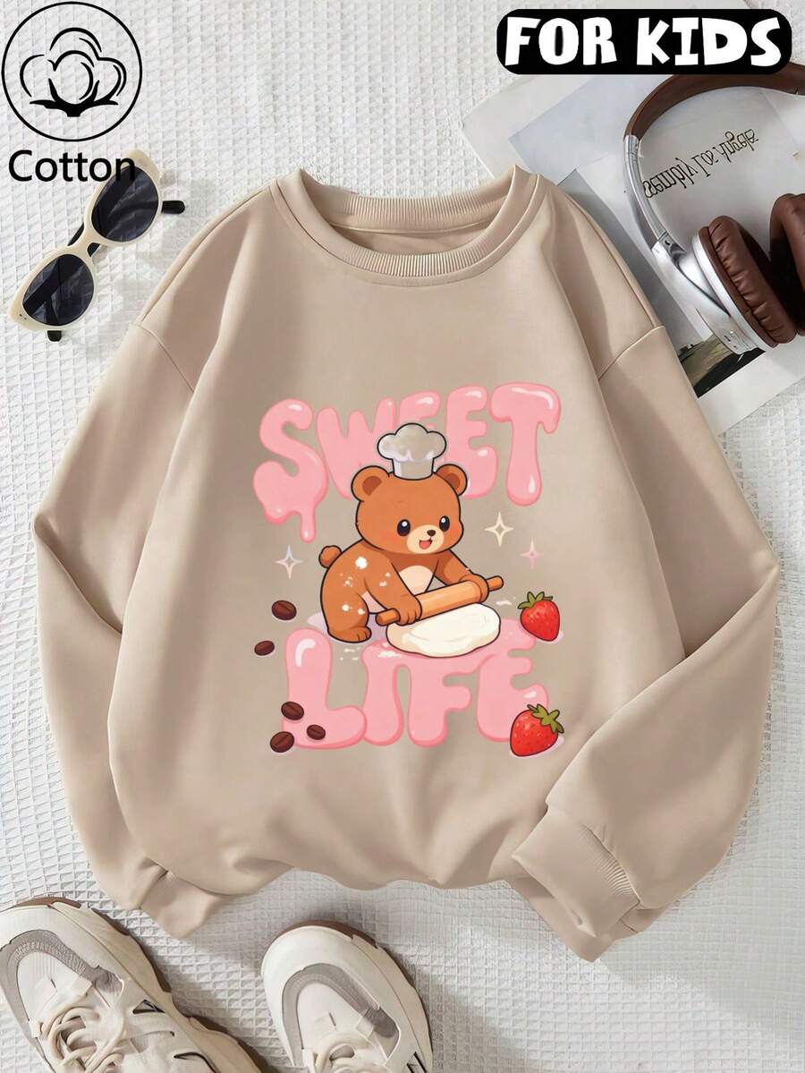 Children's Round Neck Sweatshirt, Sweet Life Chef Bear Strawberry Baking Pattern Pullover - Apricot - View 1