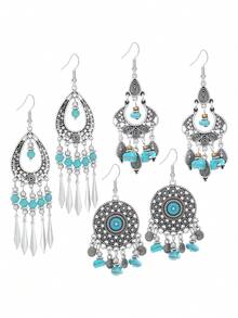 TopHanqi 3 Pairs Hollow Tassel Earrings Set, Faux Turquoise Water Drop Geometric Pendant Bohemian Vacation Earrings - Multicolor - View 6
