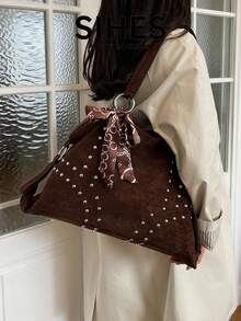 1pc Solid Color Suede New Women's Backpack, Shoulder Bag, Rivet Design, Fashionable Large Capacity Tote Bag, Suitable For Commuting, Shopping, Dating - Coffee - View 3