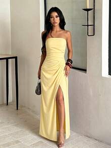 Autumn Solid Color Ruched Bandeau Slit Evening Gown Women's Elegant Dress Party Long Dress Date Wedding - Yellow - View 3