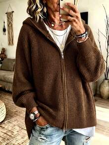 Brown Hooded Two-Way Zipper Ribbed Knit Drop Shoulder Long Sleeve Cardigan Women Cozy Casual Halloween Christmas New Year Fall Winter - Brown - View 1