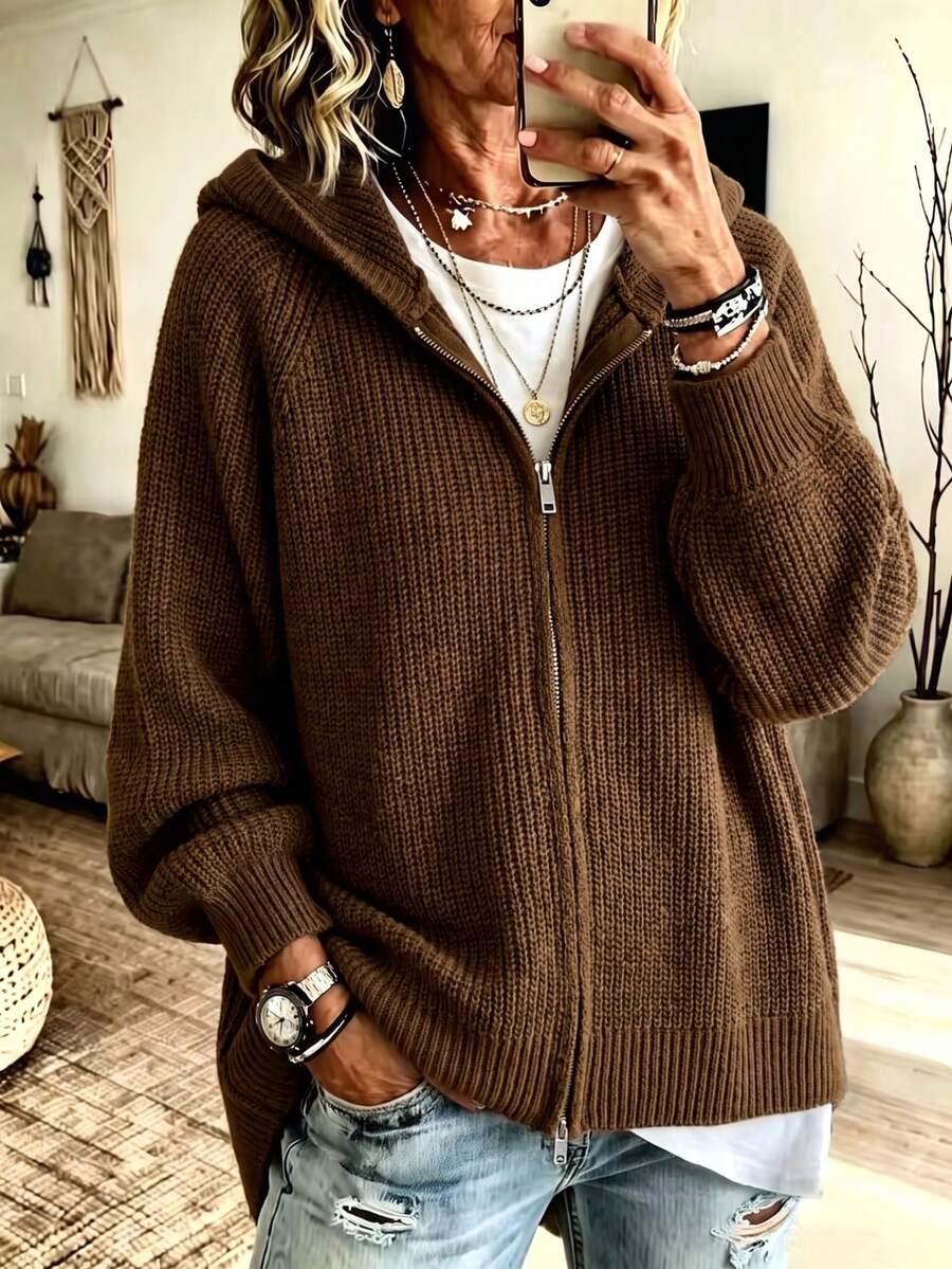Brown Hooded Two-Way Zipper Ribbed Knit Drop Shoulder Long Sleeve Cardigan Women Cozy Casual Halloween Christmas New Year Fall Winter - Brown - View 1