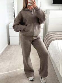 Fashionable Women's Knit Loose Set: Zipper Hooded Sweater With Wide Leg Lounge Pants. Medium Stretch, Perfect For Autumn/Winter Wear. - Khaki - View 6