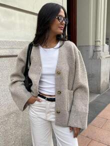 Women's Niche Design Versatile Solid Color Knit Cardigan Jacket With Pockets, Casual Loose Single-Breasted Lazy Style - Khaki - View 3
