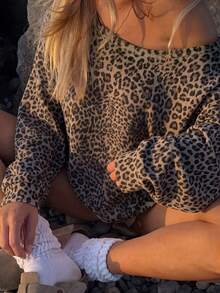 Women's Leopard Print Off-Shoulder Casual Long Sleeve Sweatshirt Graduation/Teacher/Back To School PU - Multicolor - View 2