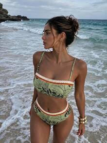 Summer New Elegant Casual High Elastic Tropical Print Bandeau Bikini Set With Decorative Trim, Beach Vacation Party Outfit - Multicolor - View 1