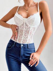 JSE Romantic Lace Trim Figure-Hugging Backless Bodysuit, Slim & Sexy - White - View 5