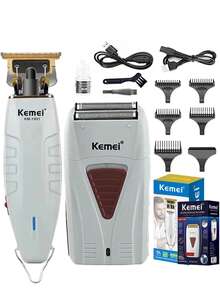 Kemei 2件組專業理髮剪刀套組，USB充電式無線理髮器，電動理髮剪，男士刮鬍刀，鬍鬚修剪套組，日常使用，男士禮物，KM-1931，KM-3382 - 淺灰色(禮盒裝) - 查看 2