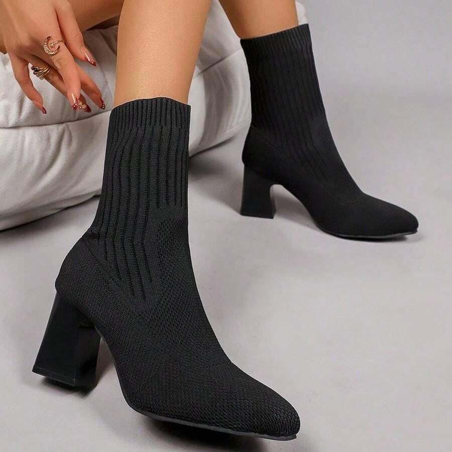2026 New Elegant Fashion Chunky Heel Pointed Toe Boots, Elastic Slim Fit Sock Boots, High Heel Ankle Boots, - Black - View 1