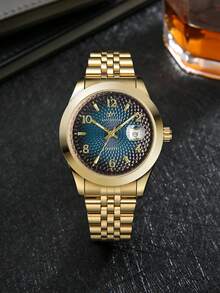 RICECGO Men's Watch With Calendar Function, Business Casual Style, Round Dial Quartz Watch, Suitable For Daily Wear, Perfect Gift Choice - Gold - View 4