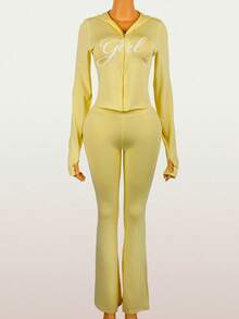 Women's 2-Piece Set Y2K Long Sleeve Printed Top + Pants Streetwear Autumn Yellow Elegant - Yellow - View 3