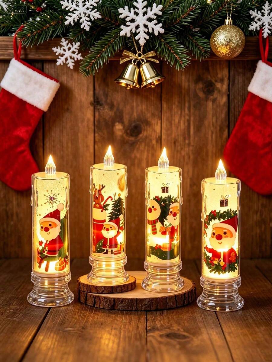 4pcs Christmas LED Electronic Candles, Santa Claus Flameless Night Light, Scene Decoration Props Holiday Candles, Silent (Battery Included), Suitable For Home Decor, Holiday Birthday Party Atmosphere Lighting - Multicolor - View 1