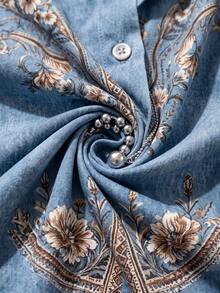 Women's Bohemian Style Plus Size Printed Shirt Long Sleeve Autumn Top, Shirt Collar Design, Create Fashionable Lady Look - Dusty Blue - View 4