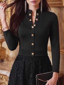 Women's Casual Black Top - Long Sleeve Stand Collar Button Crop Top, Suitable For Office Wear - Black - View 4