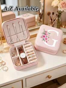 A-Z Floral Initial Travel Jewelry Organizer, Pink PU Leather Mini Zipper Jewelry Box, Compartment Portable Ring Earring Necklace Storage Box, A-Z Letter Women Girls Gift Box - Multicolor - View 26