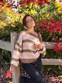 萬聖節甜美女孩風對比色條紋落肩針織毛衣，寬鬆慵懶秋季返校穿搭 - 棕色 - 查看 5
